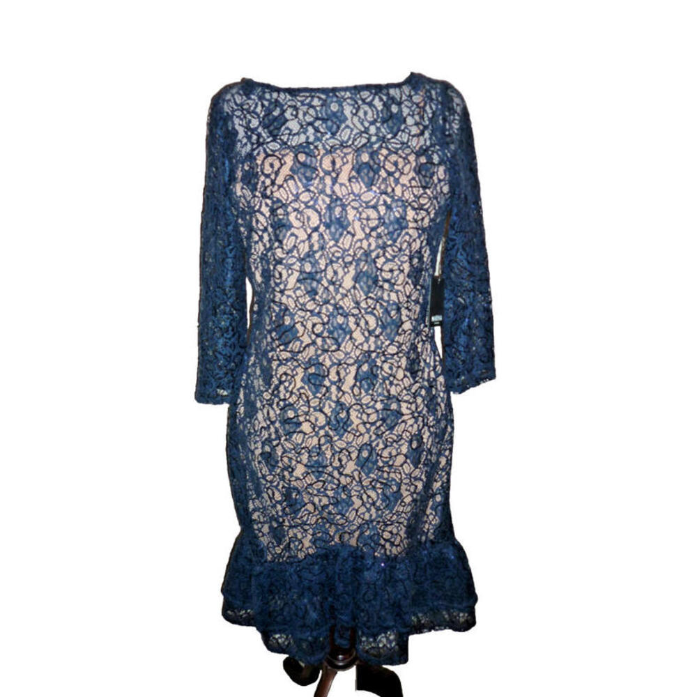 Marina Ruffle Hem Lace Dress Women 8‎ Navy Sequin Lined